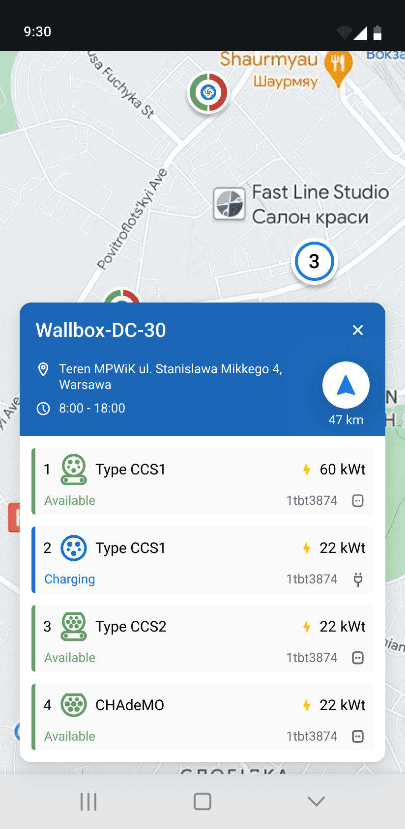 EV station locator app — concept screens