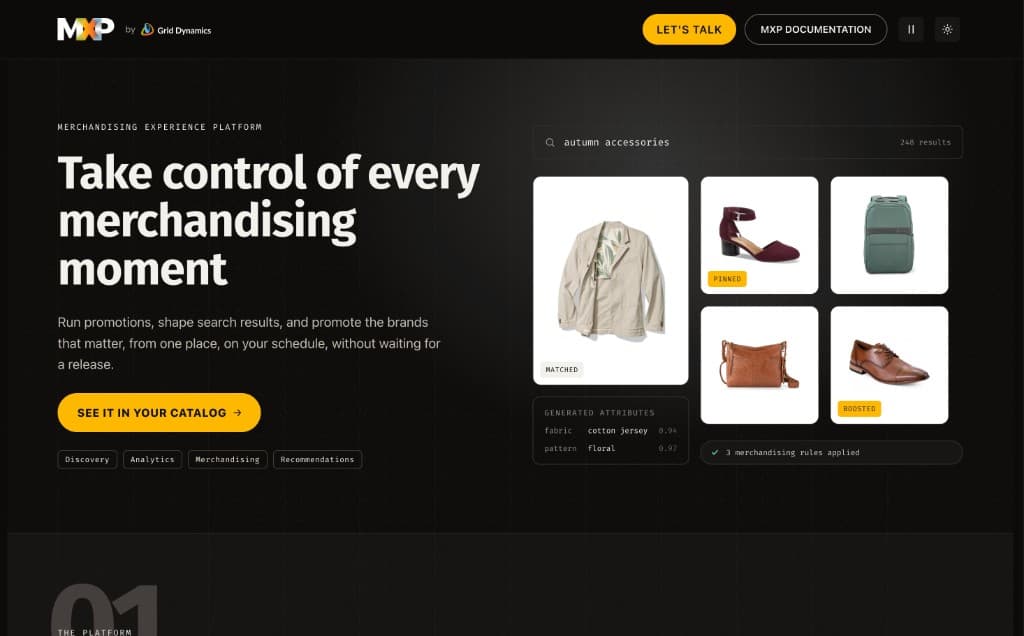MXP landing page hero section showing dark technical design with amber accent typography