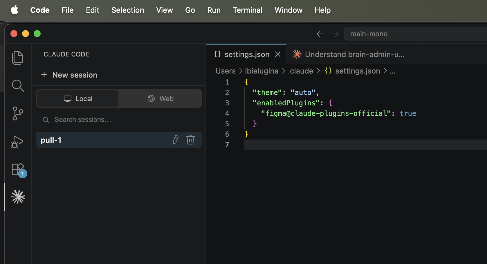 VS Code with Claude Code panel open showing Local and Web session options