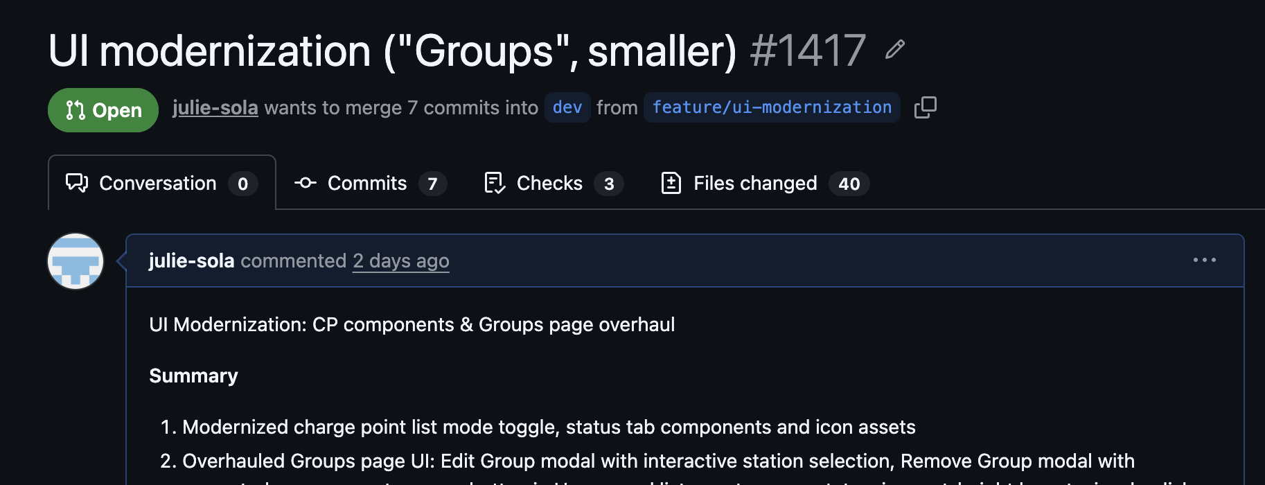GitHub Pull Request showing UI modernization changes co-authored by julie-sola and claude