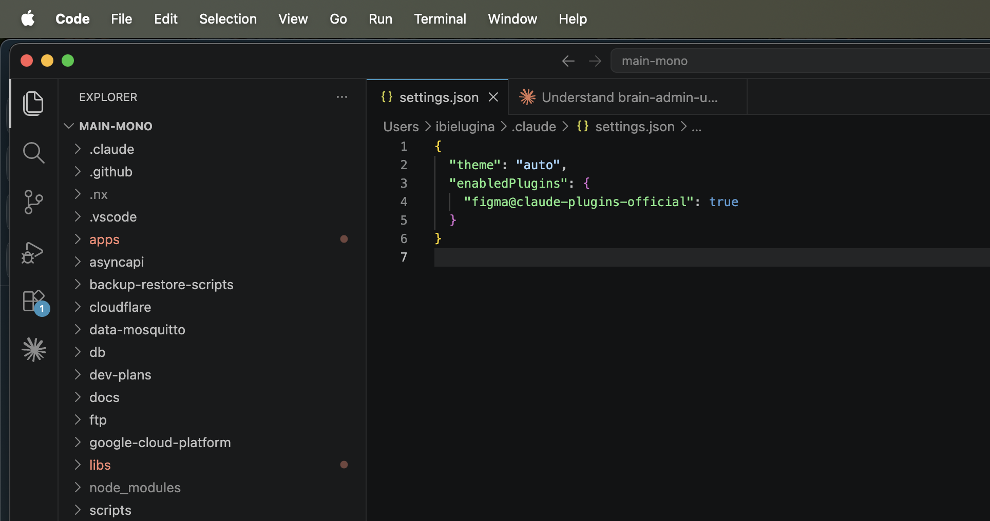 VS Code showing Claude Code settings.json configuration file for the Sola Cloud monorepo