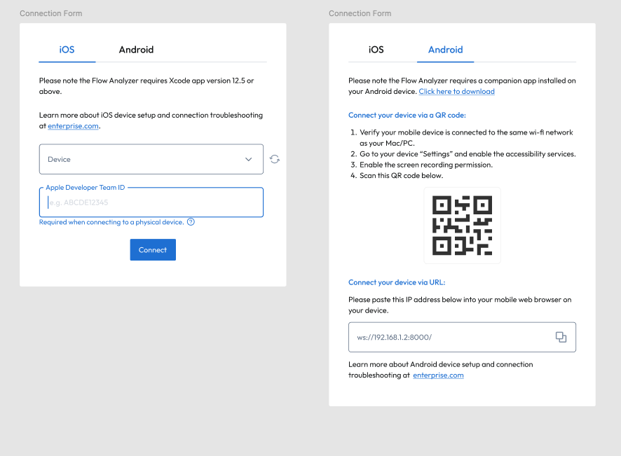 Two-tab modal showing iOS and Android connection options in a single overcrowded interface