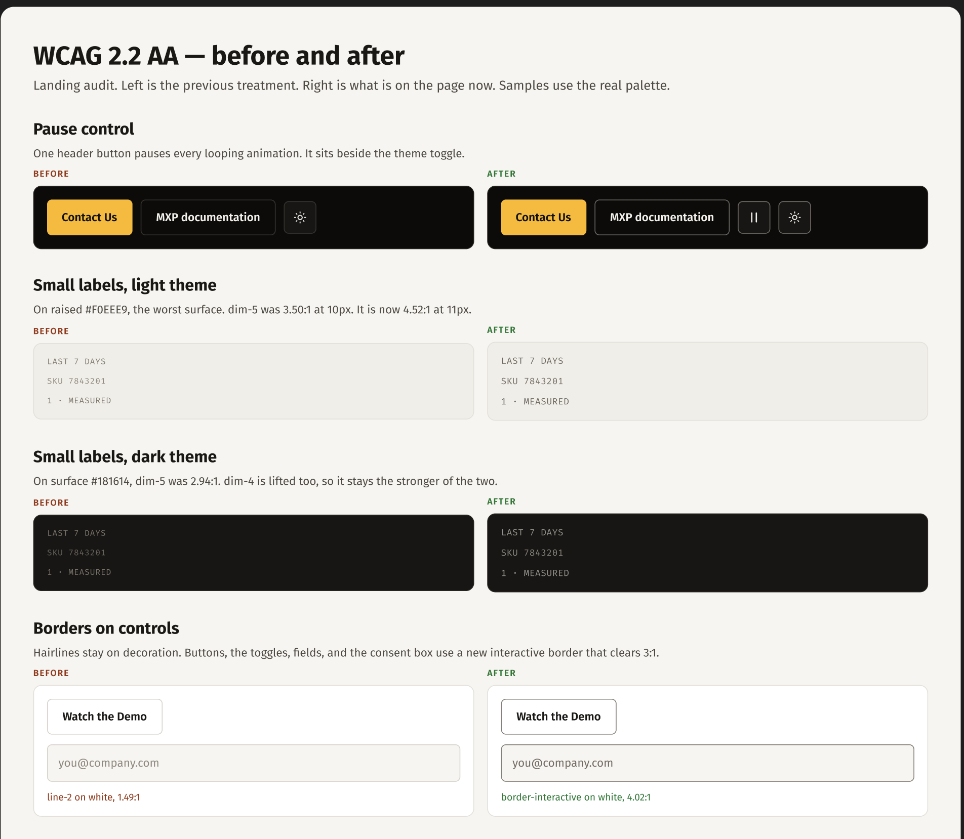 Figma accessibility audit board showing contrast ratio calculations for MXP colour tokens