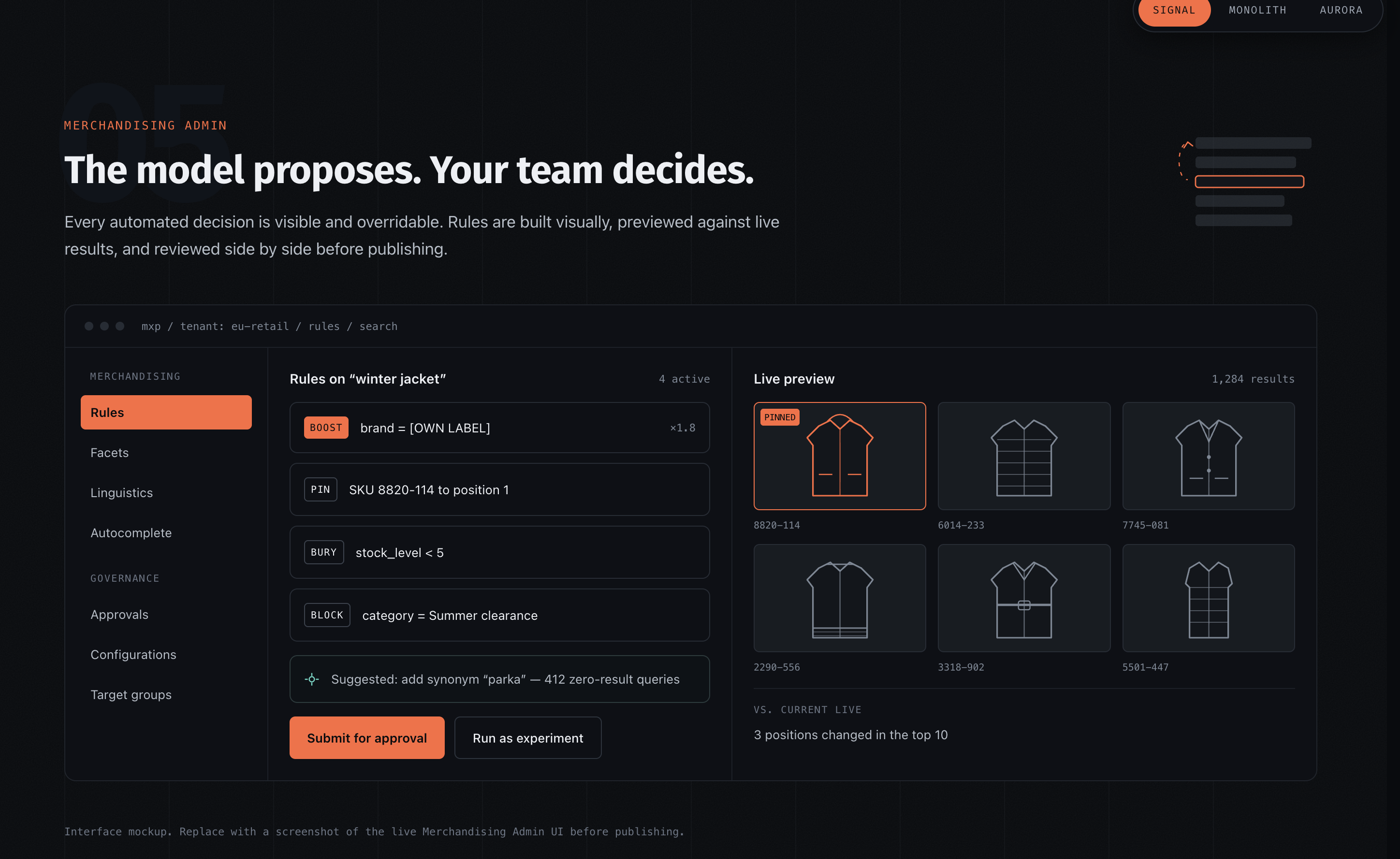 Three palette options for MXP landing page shown side by side for comparison — option 2