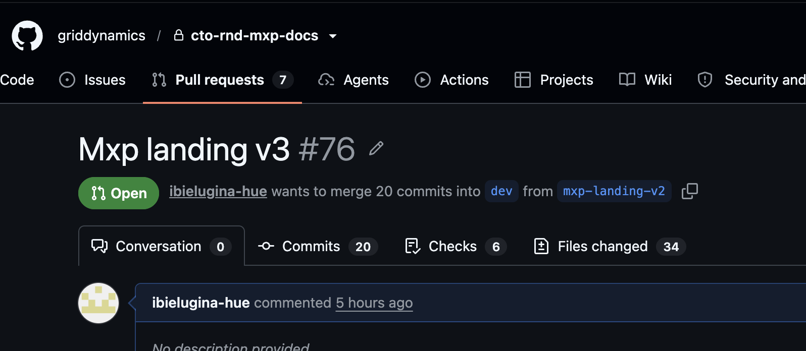 Three GitHub Pull Requests showing MXP landing page commits and file changes — PR 1