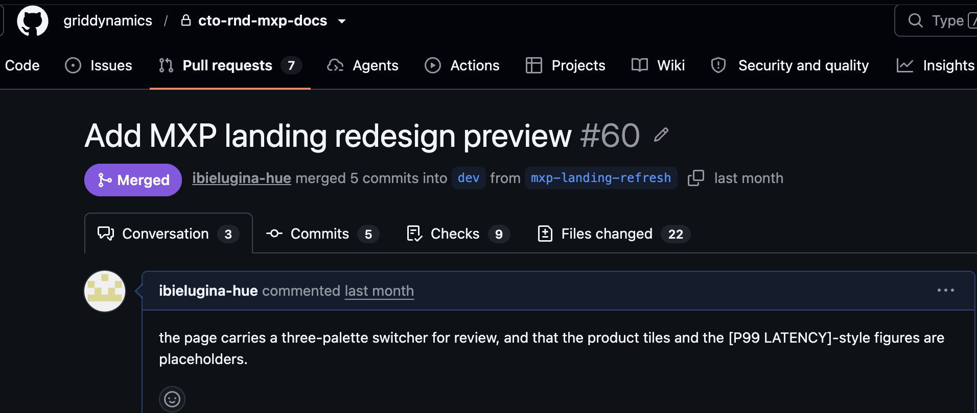 Three GitHub Pull Requests showing MXP landing page commits and file changes — PR 2