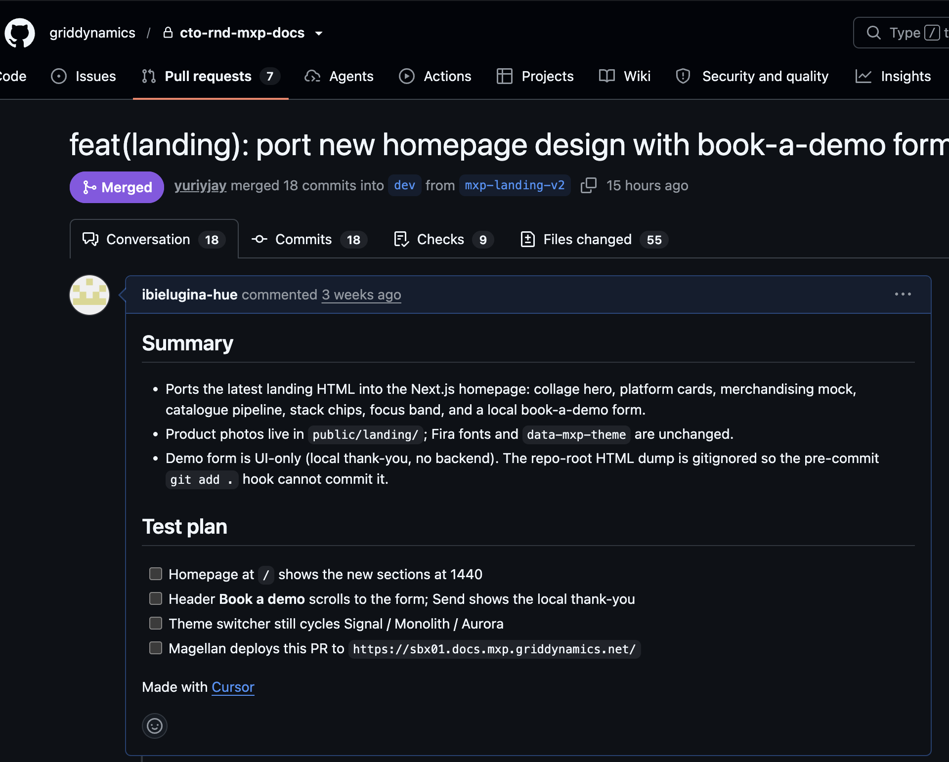 Three GitHub Pull Requests showing MXP landing page commits and file changes — PR 3